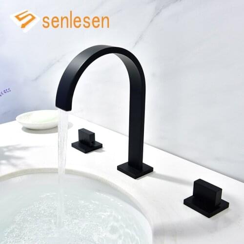 Senlesen Bathroom Basin Faucets Matte Black 3PCS Waterfall Spout 3 Holes Two Handles Commercial Bathroom Sink Faucet