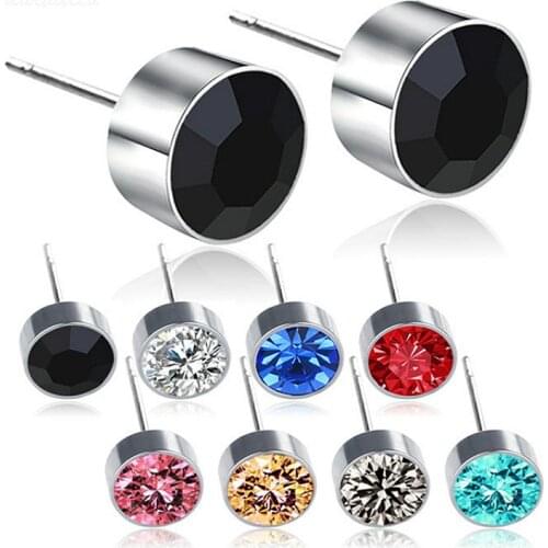 Style Prevent Allergy Colorful Czech Drill Earrings For Women Men Round Stainless Steel Zircon Clip Earrings Jewelry