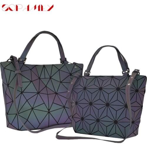 New Women Handbags Purse Diamond Geometric Tote Bag Female Folding Crossbody Shoulder Bag Holographic Laser Luminous Bucket Bag