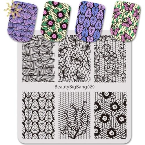BEAUTYBIGBANG 6*6cm Nail Stamping Plates Square Lace Flower Butterfly Pattern Nail Art Stamping Template Image Plate Stencils