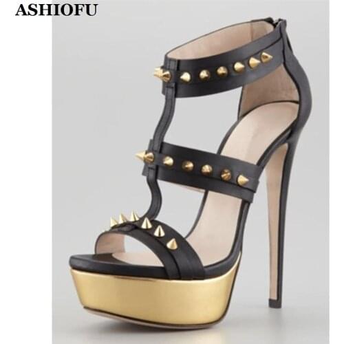 ASHIOFU Handmade Ladies High Heel Sandals Rivets Spikes Party Summer Shoes Platform Sexy Club Evening Fashion Sandals Shoes