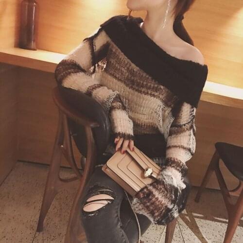 Women 2021 Spring Autumn Fashion Patchwork Pullovers Female Loose Thin Sweater Tops Ladies New Slash Neck Knitted Tops Y321