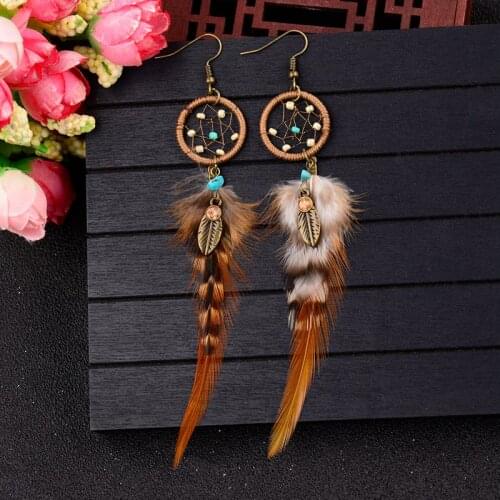 TopHanqi Bohemian Vintage Feather Earrings Ladies Handmade Dream Catcher long Drop Dangling Earrings For Women Fashion Jewelry