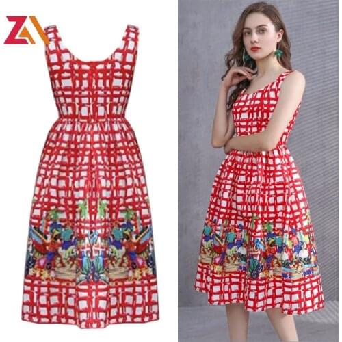 ZALady Designer Summer Dress Vintage Aesthetic Plaid Spaghetti Strap Sundress Vacation Beach Chic Sleeveless Knee Length Dresses