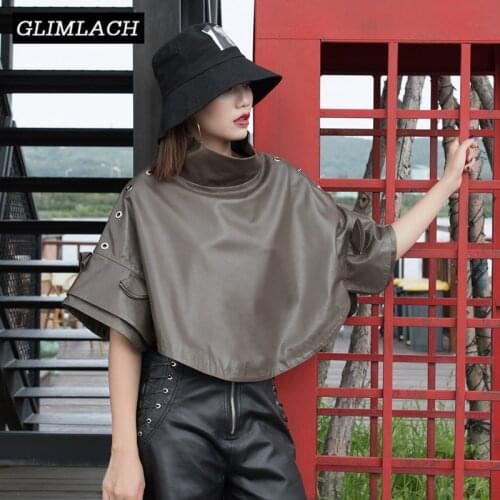 Female Korean Oversized Loose Pullover Genuine Leather Real Lambskin Jacket Coat Batwing Sleeve High Neck Baggy Clothes Women