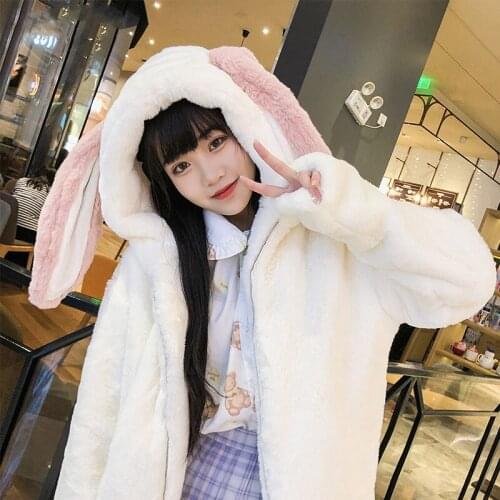 Winter Warm Coat Female Lovely Loose Thickened Hooded Rabbit Ears Plush Faux Fur Women White Kawaii Cute Girls Fashion Princess