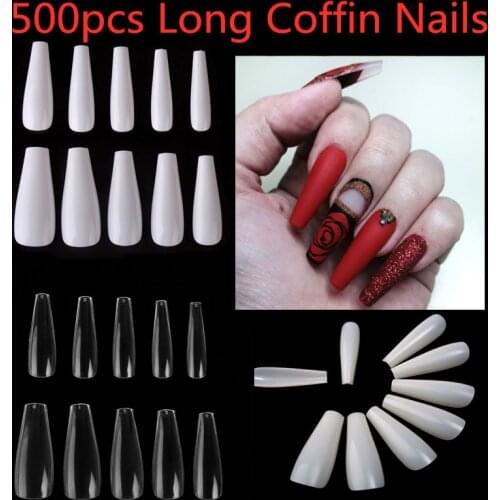 1Box + 500pcs Tips Coffin Fake Nails Transparent Long Ballerina Full Cover False Nail Art Durable Unas Postizas Manicure Set DIY