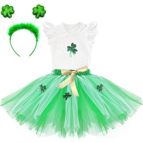 White Green Flower Tutu Skirt Outfits for Girls Kids Holiday Costumes Baby Girl Fairy Tutus Clothes Set for Saint Patricks Day