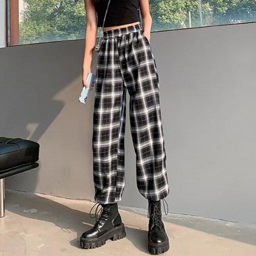 Zoki Black and White Plaid Pants Women Loose Straight Leg Drawstring Casual Slim Elastic Sweatpants Korean Summer Fashion New