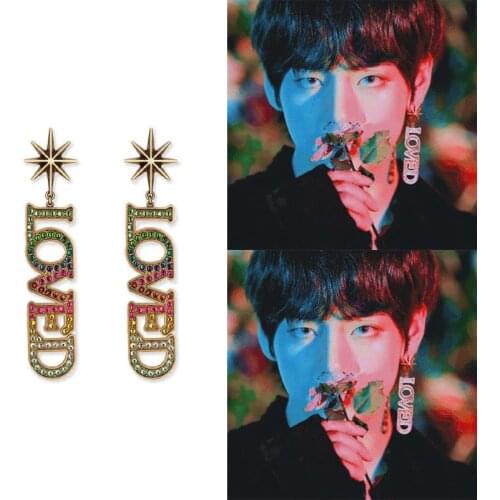 Korean Earrings LOVED Letter Crystal Bts Earrings For Women Gold Big Earing Oorbellen Brincos Jewelry Pendientes Mujer Moda 2018