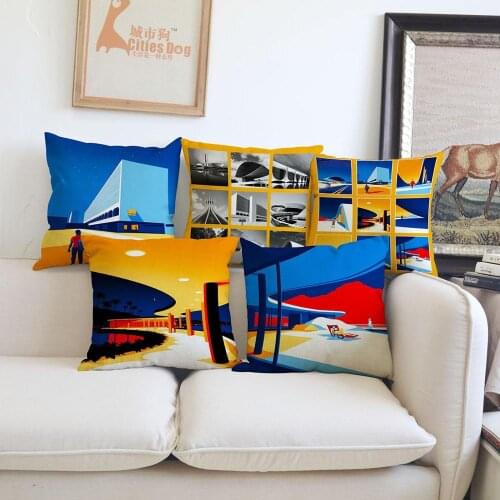 Illustration cushion cover Pillow linen Levente Szabo is an illustration inspired by the work of architect Oscar Niemeyer Home