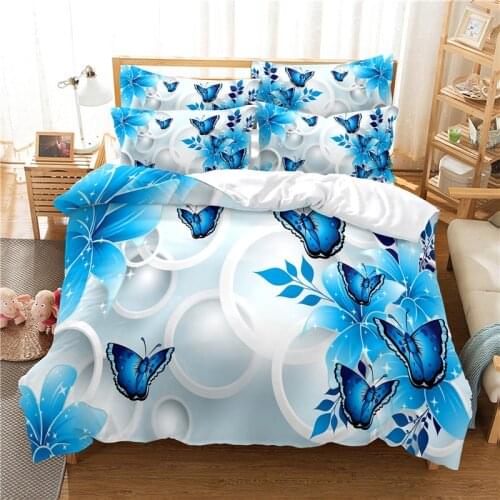 Fashion 3D Blue Butterfly Bedding Set Colorfyl Duvet Cover Pillowcase Soft Comforter Bedding Set King Size Bed Linen