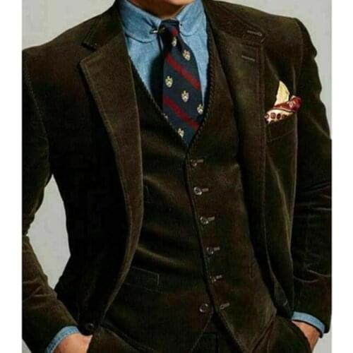 2020 Latest Coat Pant Designs Brown/Black Corduroy Men Suits Formal Work Wear Tuxedos 3 Pieces Business Wedding Groom Blazer