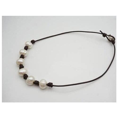 Unique Pearls Jewelry White Round Genuine Freshwater Pearl Real Leather Necklace Charming Women Wedding Birthday Gift