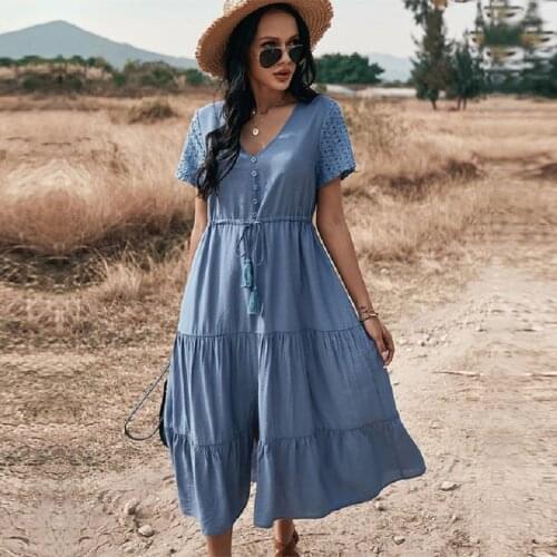 Ladies Vintage Maxi Solid Summer Dress Women Knitted Casual High Waist Button Tassel Bandage Women Beach Dress Female Vestidos