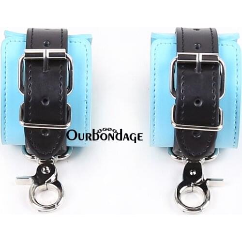 Ourbondage Blue PU Leather Black Strap BDSM Fetish Bondage Wrist Ankle Cuffs Restraints For Adult Sex Toy