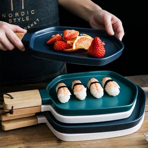 Wooden Handle Multicolor Home Hotel Kitchen Ceramic Dishes Tableware Western Breakfast Steak Flat Dessert PlateWestern Dishes