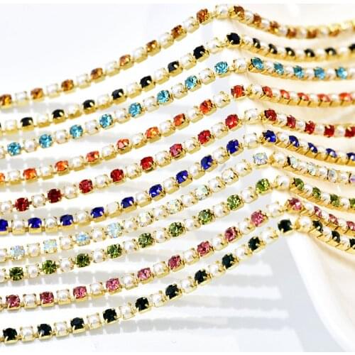 SS6 5 Yards Rhinestones Cup Chain Clear Rhinestones With Pearls Stones Chain Golden Bottom for DIY Party Dress Nail Art B1257