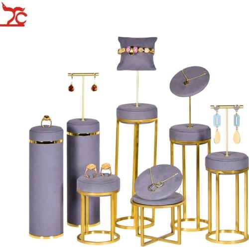 Luxury Stainless Steel Jewelry Dispay with Grey Velvet Window Display Organizer for Ring Earrings Pendant Necklace Showcase