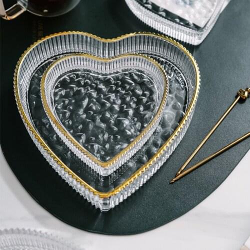 Japanese Style Love Heart Shaped Glass Dinner Plate Dish with Glod Rim Fruit Dessert Plate Incense Tray Jewelry Storage Tray