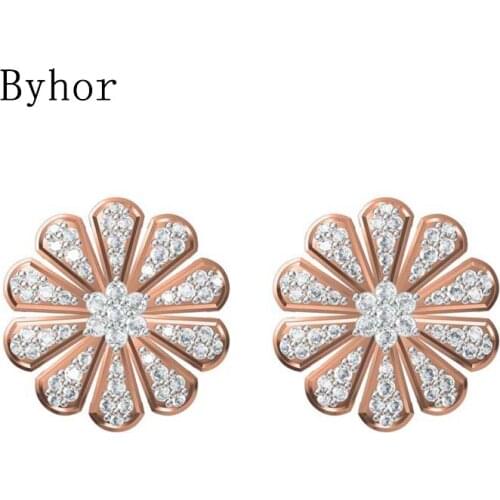 Byhor Solid 14K White/Yellow+White/Rose+White Gold 1.076ct H/SI Natural Diamonds Flower Stud Earrings Women Cерьги Fine Jewelry