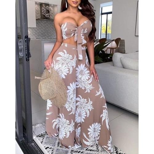 Womens Summer Sets Floral Printed Two Piece Set Tie Front Tube Top Wide Leg Pants Suit Female Casual Simple Tracksuit Trousers
