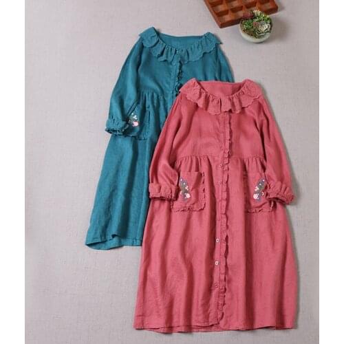 2021 Autumn New Sweet Embroidery Flower Pockets Single Breasted Long Sleeve Midi Dress N821-866