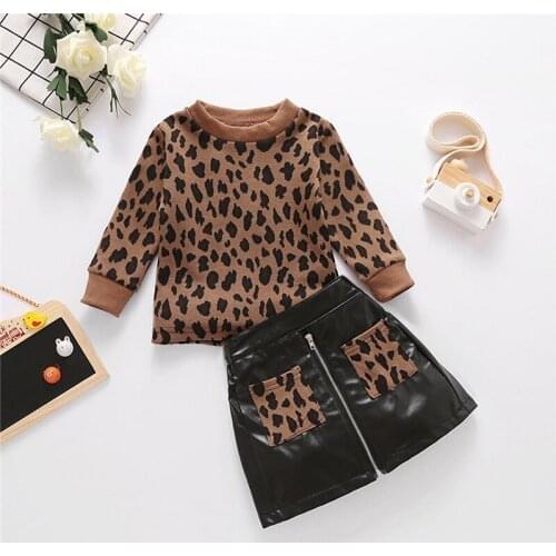Toddler Kids Baby Girls Leopard Clothes Sets Fall Printed Pullover Sweater Tops+Zipper PU Leather Pocket Skirts 2PCS Outfits