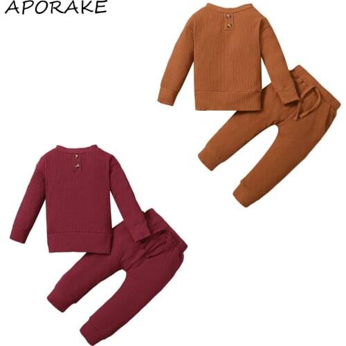 2021 0-5Y Casual Kids Baby Boy Girl Clothing Solid Color Button O Neck Knit Long Sleeve Romper+Long Pants Spring Fall Outfits