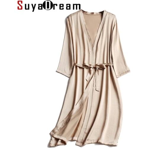 SuyaDream 100% Natural silk Women Robes Silk Satin Knee length robe Belted Healthy Sleep wear 2021 Spring Fall Home Wears Kimono