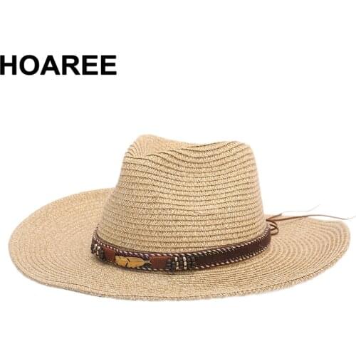 HOAREE Straw Summer Hats for Women Wide Brim Beach Hat Sombrero Men Fedora Sun Visor Belt Decoration Khaki Jazz Sun Hat