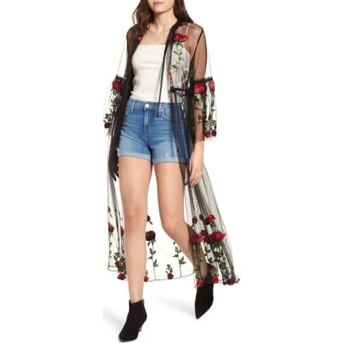 OUMEA Summer Ladies Rose Embroidery Mesh Kimono Womens Fashion Black Mesh Casual Party Vintage Lantern Sleeve Vacation Kimono