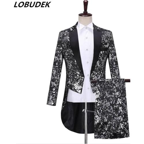 Tailcoat+Pants) Leopard-print Swallowtail Set Mens Magician Tuxedo Suit Singer Chorus Fashion 2-Pieces Outfits Prom Costume