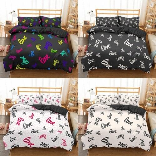 Fashion English Alphabet Home Bedding Sets 2/3Pcs Love Printed Duvet Cover Bedlines Full King Single Queen Size Cartoon Bed Set