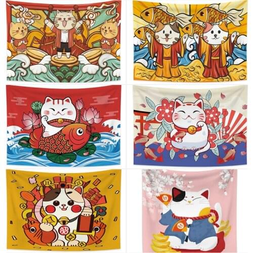Cartoon Animals Tapestry Lucky Cat Japanese Style Fashion Wall Hanging Dorm Bedroom Store Decoration Carpets Picnic Beach Mat