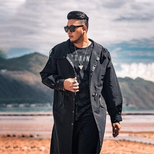 Jacket For Men Large size XXL-6XL Mens Loose Mid-length Windbreaker trendy Hooded Jacket Mens Black Jacket