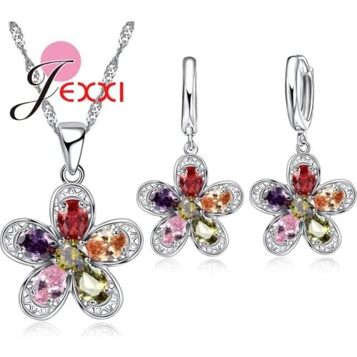 Sparkling CZ Crystal 925 Sterling Silver Flowers Shaped Pendant Necklace Earrings Jewelry Sets For Women Gifts Set