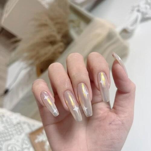 American punk style Ballet pure color with star pattern false nails french 24pcs with glue Lady full nail tips with designs
