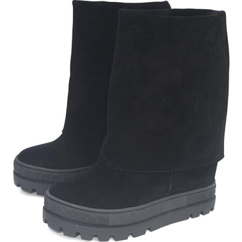 Femmes Chaussures Mid Calf Shoes For Woman Cow Genuine Leather Platform Flock Fur Snow Ladies Boots Cowboy Causal Botas Wedge