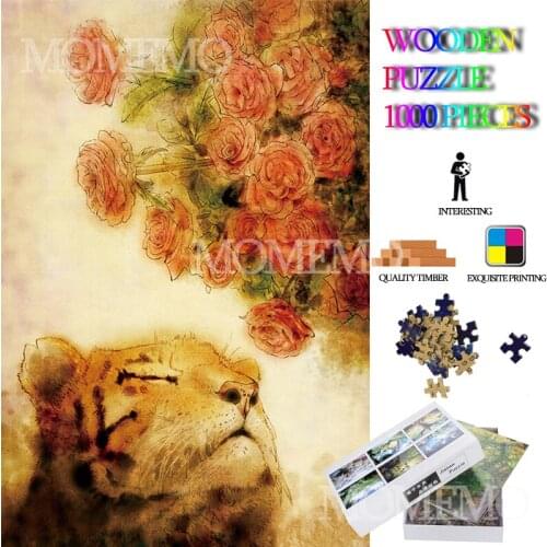 Tiger Sniffs Rose Wooden Jigsaw Puzzles 1000 Pieces Puzzle Toys for Adults High Definition DIY Assembly Wooden Puzzles Kids Gift