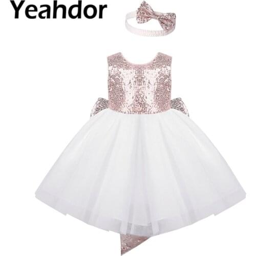 Infant Baby Girls Princess Dress Round Neck Sleeveless Mesh Tutu Flower Girls Sequins Dresses With Sequined Bowknot Headband