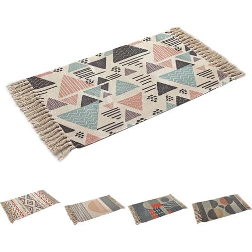 Retro Bohemian Hand Tassel Woven Cotton Linen Carpet Bedside Rug Geometric Floor Mat Long Rug Bedspread Tapestry Home Decoration