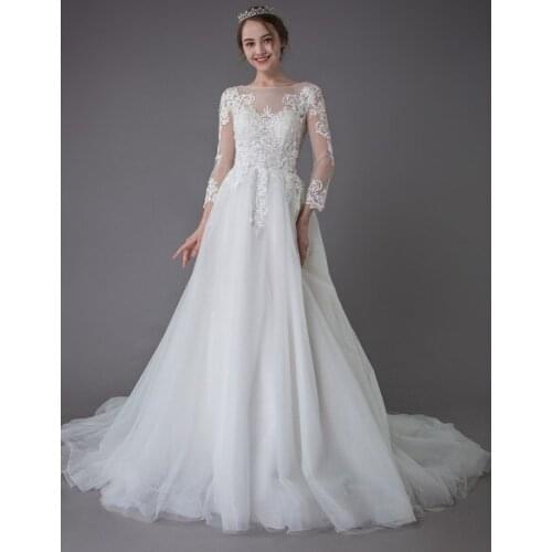 Wedding Dresses Princess Ivory Lace Tulle Beaded Applique Bridal Gowns With Train