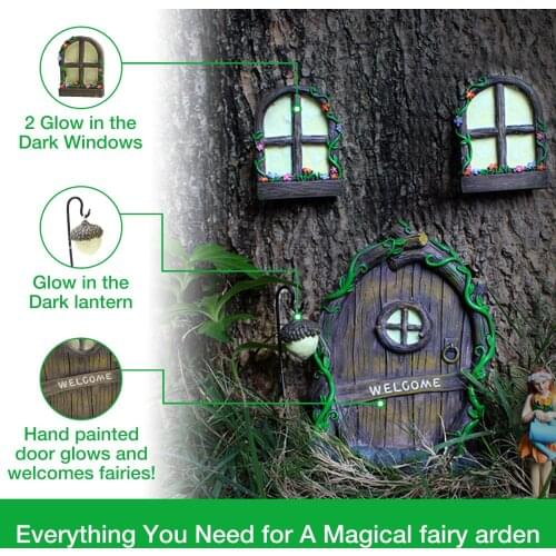 Door And Window Decoration Pendant Resin Crafts Miniature Fairy Door And Tree Window Luminous Courtyard Garden Trees Cute Decor