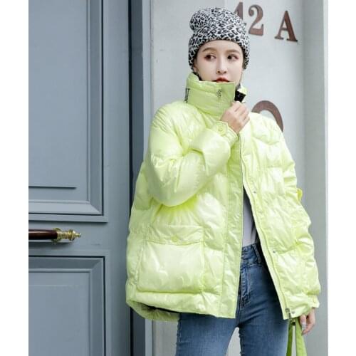 2021 Winter Coat Woman Stand Collar Long-sleeve Glossy White Duck Down Jacket Short Loose Down Outwear Women Warm Coat Parkas