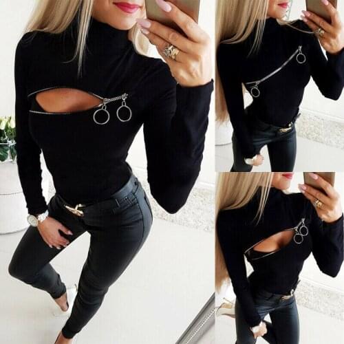 New Womens Long Sleeve Turtleneck Tops T-Shirt Ladies Casual Slim Zip Up Punk Good