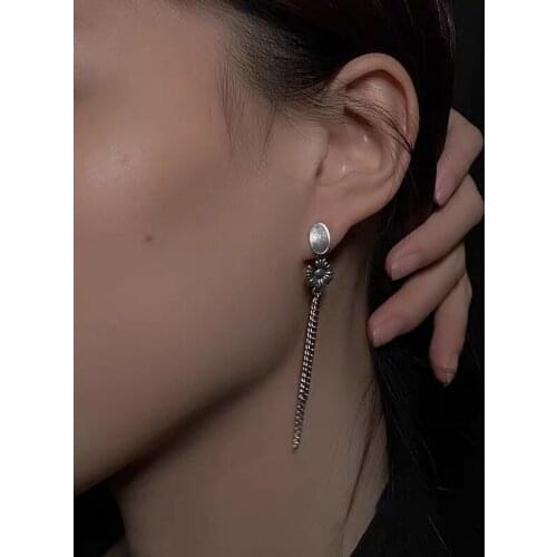 Sweet Handmade Thai Silver Color Daisy Heart Asymmetrical Tassel Earrings For Women Girls Korean Jewelry