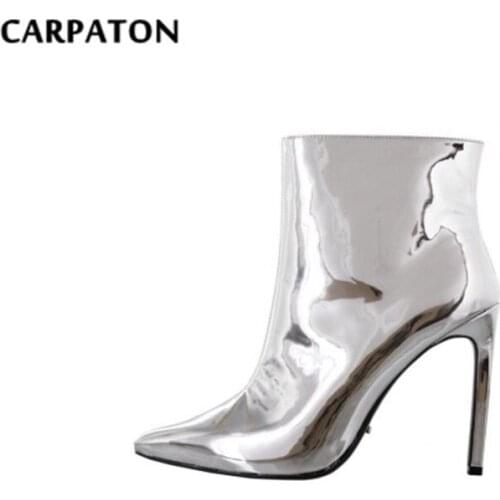 Carpaton Pointed Toe Short Boots for Woman 2019 Newest Metallic Silver PU Leather High Heel Boots Sexy Thin Heels Ankle Boots