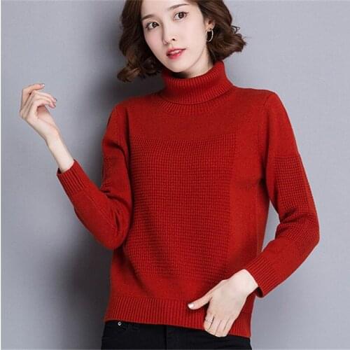 Pure wool knit women korean style high neck loose pullover sweater solid color S-3XL retail wholesale