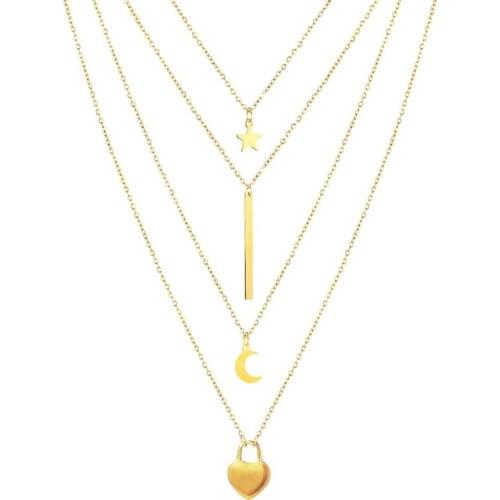 Stainless Steel Multilayer Choker Necklace for Women Star Bar Moon Heart Pendant Neckalces 4 Layer Chains Jewelry